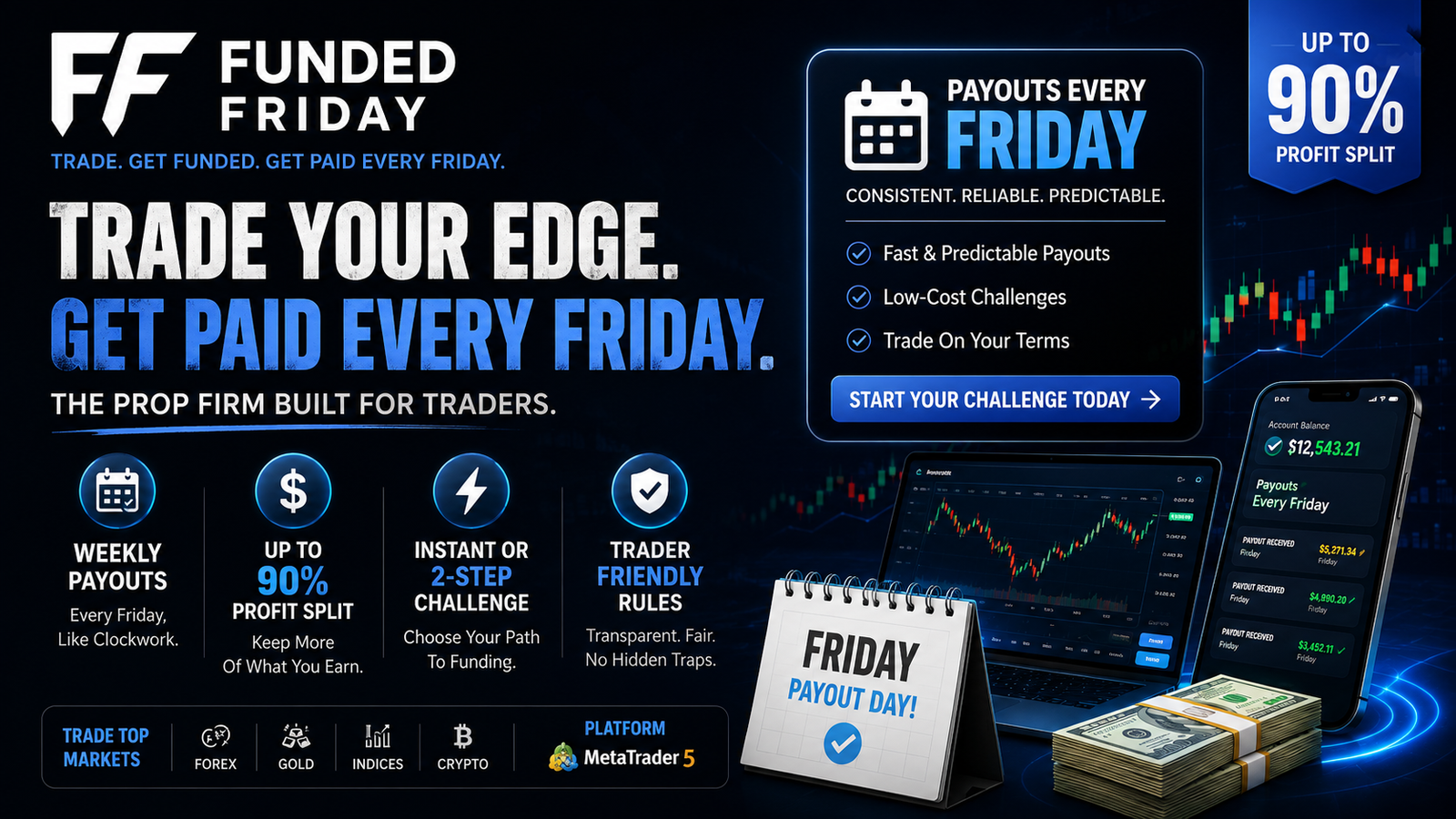 Funded Friday prop firm - weekly payouts every Friday, up to 90% profit split