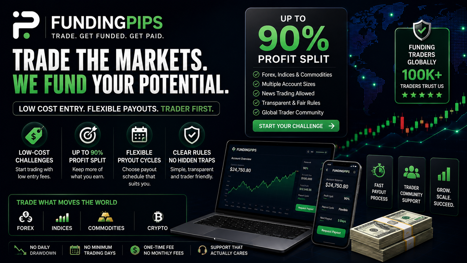 FundingPips prop firm - low-cost entry, flexible payout cycles